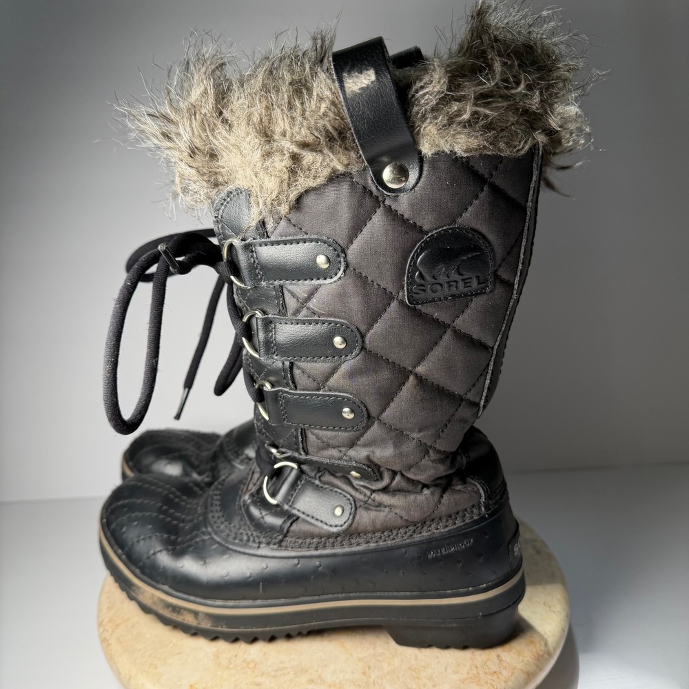 Sorel Tofino Winter Snow Boots Size 7 Black Quilted Faux Fur Waterproof LL1846